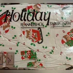 Vintage Holiday Flannel back Table Cloth Santa Bear Christmas 52x52 Square Lisa